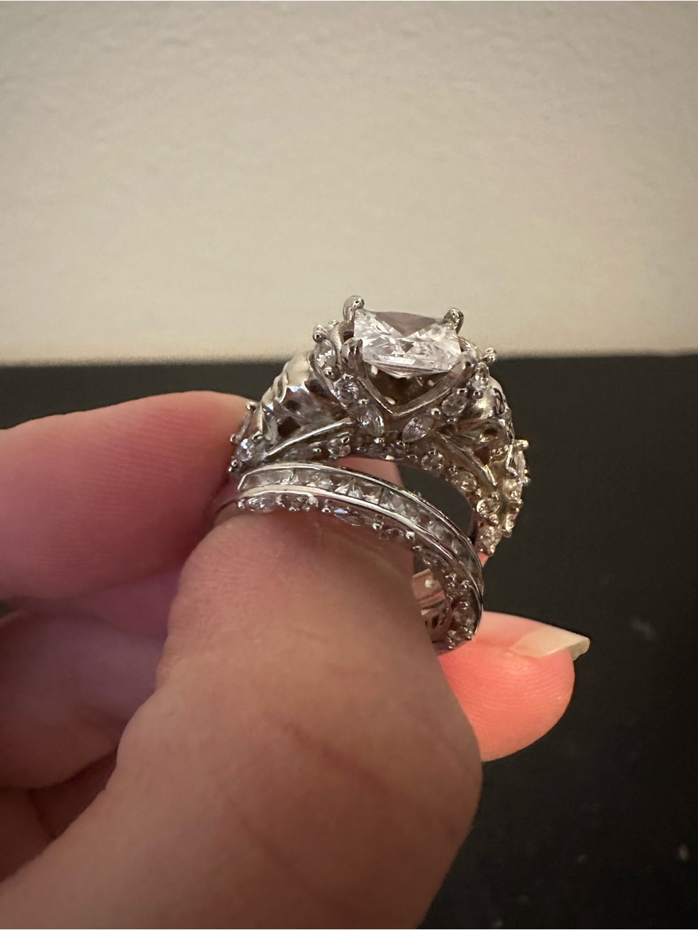 Juelia White Faux Diamond Rhinestone Silver Skull Ring Set